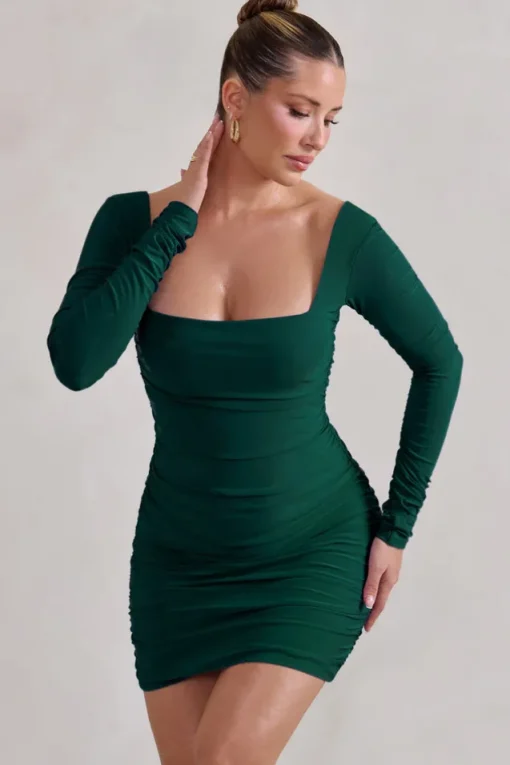 Muse | Green Long Sleeve Square Neck Ruched Mini Dress