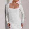 Muse | White Long Sleeve Square Neck Ruched Mini Dress