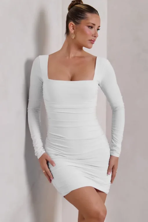 Muse | White Long Sleeve Square Neck Ruched Mini Dress