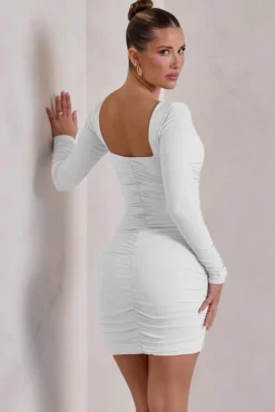 Muse | White Long Sleeve Square Neck Ruched Mini Dress
