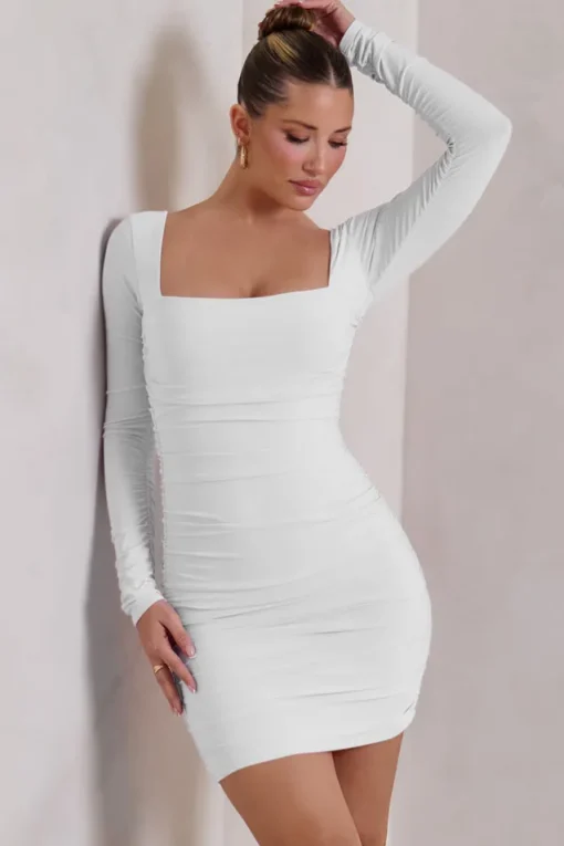 Muse | White Long Sleeve Square Neck Ruched Mini Dress