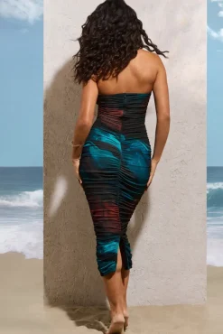 My Girl | Blue Print Strapless Bodycon Ruched Mesh Midi Dress