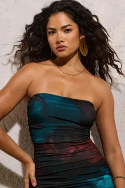 My Girl | Blue Print Strapless Bodycon Ruched Mesh Midi Dress