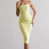 My Girl | Lemon Strapless Bodycon Ruched Mesh Midi Dress