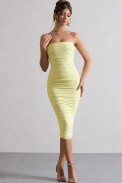 My Girl | Lemon Strapless Bodycon Ruched Mesh Midi Dress