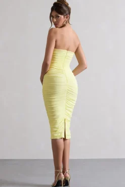 My Girl | Lemon Strapless Bodycon Ruched Mesh Midi Dress