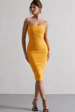 My Girl | Mango Strapless Bodycon Ruched Mesh Midi Dress