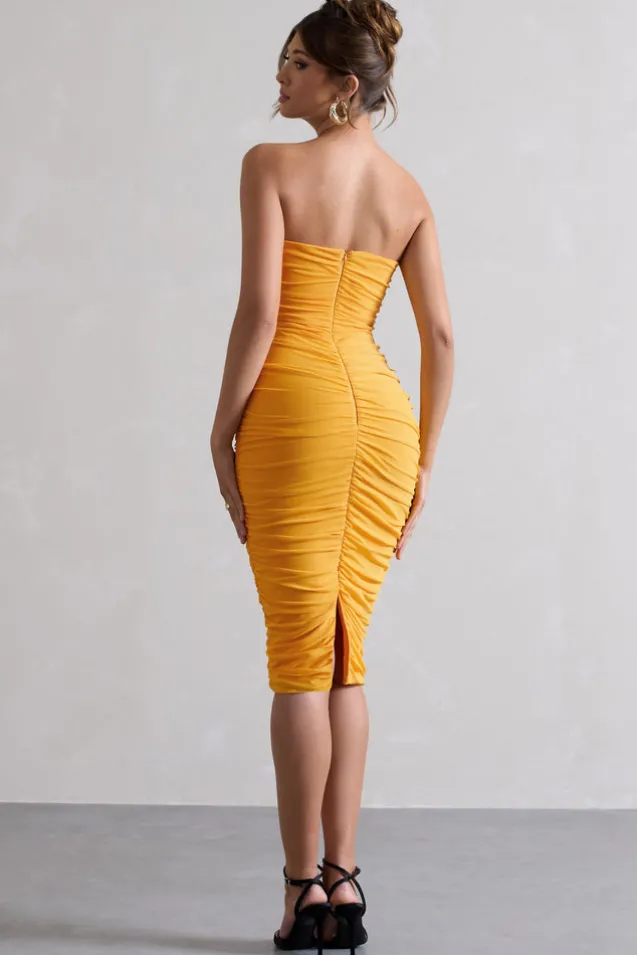My Girl | Mango Strapless Bodycon Ruched Mesh Midi Dress