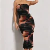 My Girl | Orange Smoke Print Strapless Bodycon Ruched Mesh Midi Dress