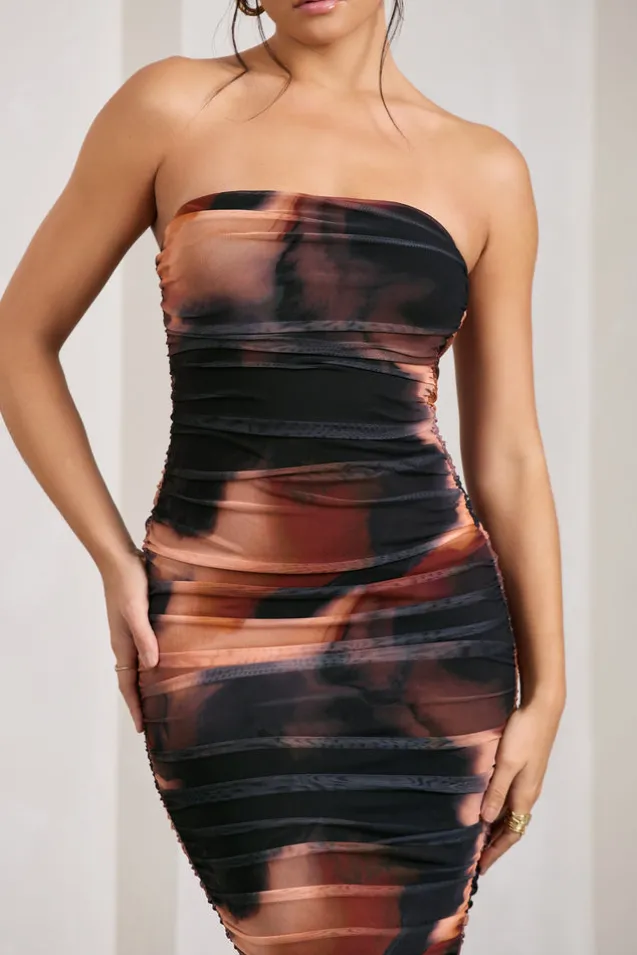 My Girl | Orange Smoke Print Strapless Bodycon Ruched Mesh Midi Dress