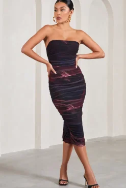 My Girl | Plum Print Strapless Bodycon Ruched Mesh Midi Dress