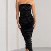 My Lady | Black Velvet Strapless Bodycon Ruched Mesh Maxi Dress