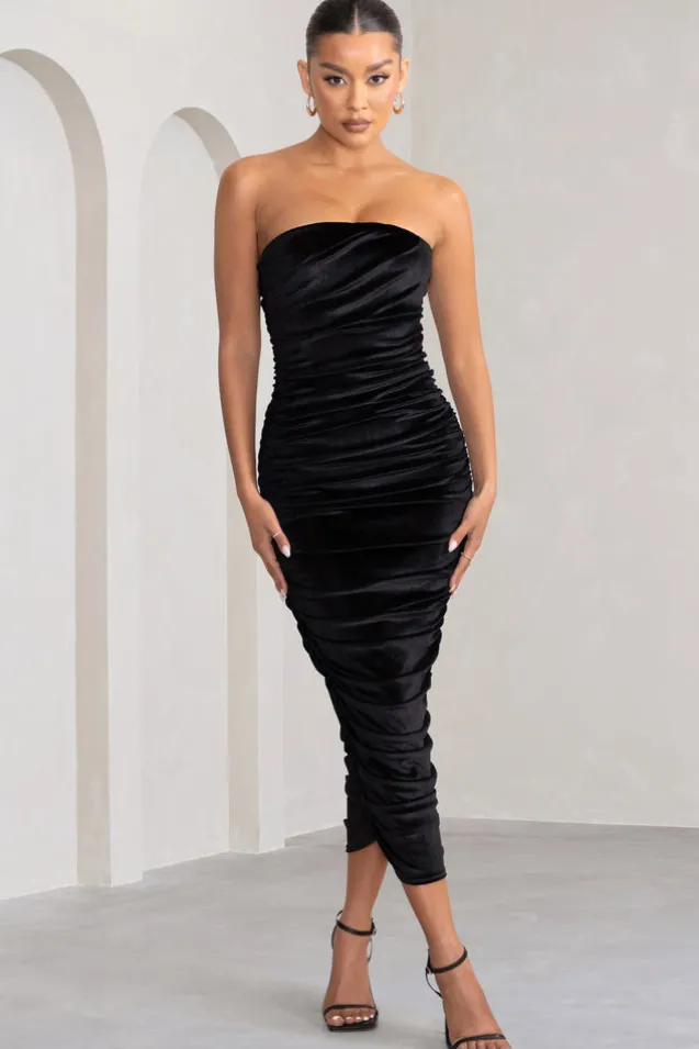 My Lady | Black Velvet Strapless Bodycon Ruched Mesh Maxi Dress