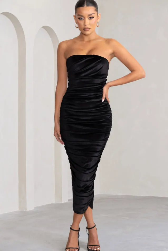 My Lady | Black Velvet Strapless Bodycon Ruched Mesh Maxi Dress