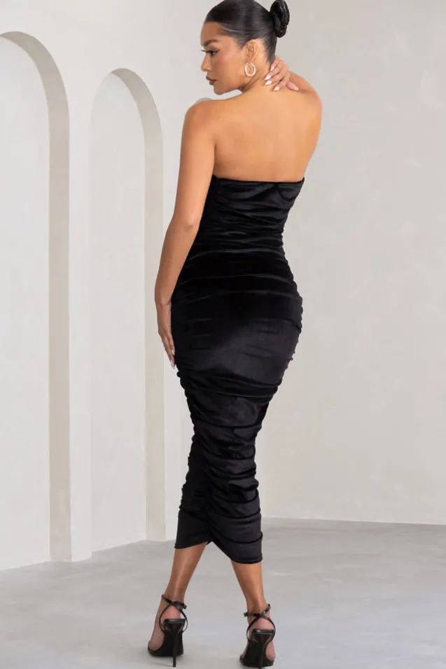 My Lady | Black Velvet Strapless Bodycon Ruched Mesh Maxi Dress