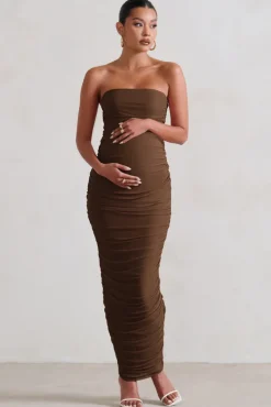 My Lady | Chocolate Maternity Brown Strapless Bodycon Ruched Mesh Maxi Dress