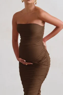 My Lady | Chocolate Maternity Brown Strapless Bodycon Ruched Mesh Maxi Dress