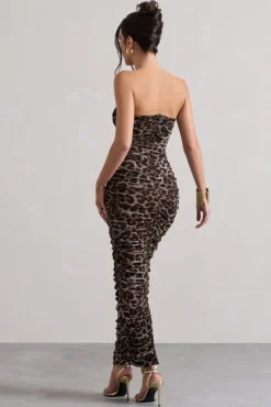 My Lady | Leopard Print Strapless Bodycon Ruched Mesh Midi Dress