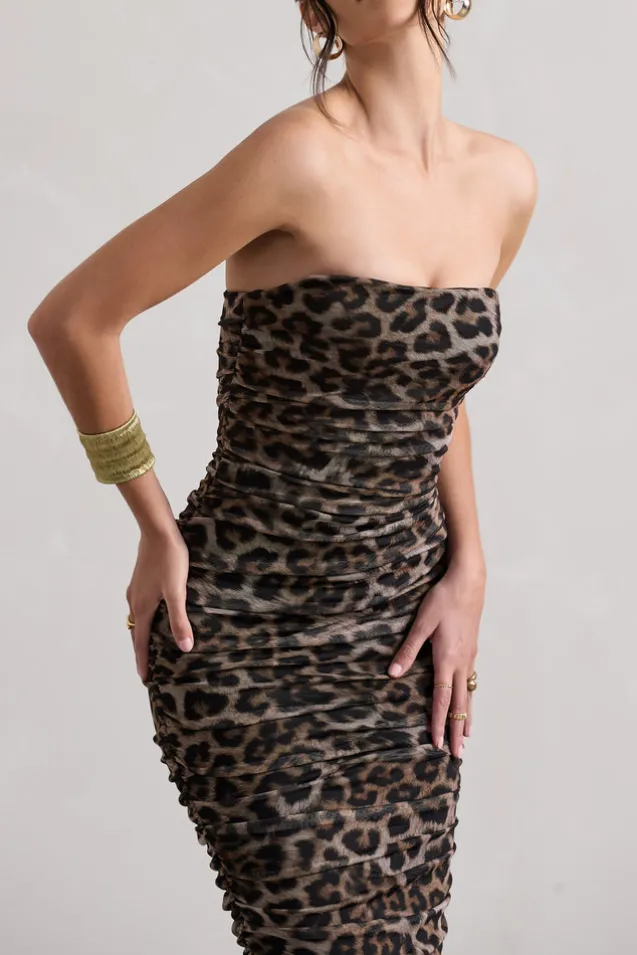 My Lady | Leopard Print Strapless Bodycon Ruched Mesh Midi Dress