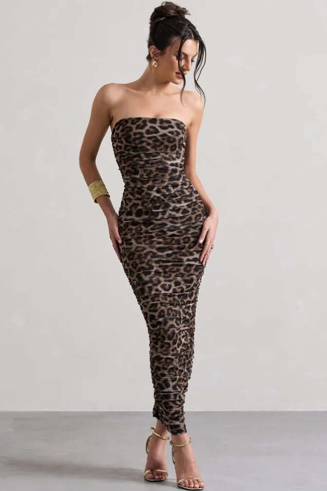 My Lady | Leopard Print Strapless Bodycon Ruched Mesh Midi Dress