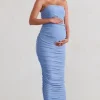 My Lady | Maternity Powder Blue Strapless Bodycon Ruched Mesh Maxi Dress