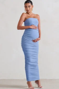 My Lady | Maternity Powder Blue Strapless Bodycon Ruched Mesh Maxi Dress