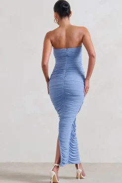 My Lady | Maternity Powder Blue Strapless Bodycon Ruched Mesh Maxi Dress