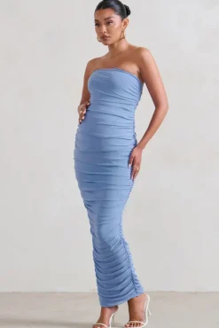 My Lady | Maternity Powder Blue Strapless Bodycon Ruched Mesh Maxi Dress