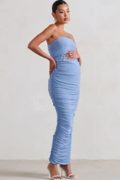 My Lady | Maternity Powder Blue Strapless Bodycon Ruched Mesh Maxi Dress