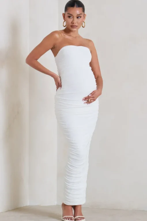 My Lady | Maternity White Strapless Bodycon Ruched Mesh Maxi Dress
