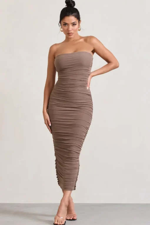 My Lady | Mocha Strapless Bodycon Ruched Mesh Maxi Dress