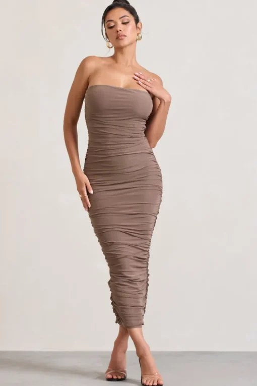 My Lady | Mocha Strapless Bodycon Ruched Mesh Maxi Dress