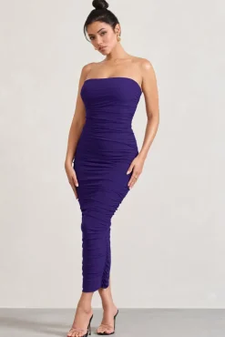 My Lady | Purple Strapless Bodycon Ruched Mesh Maxi Dress