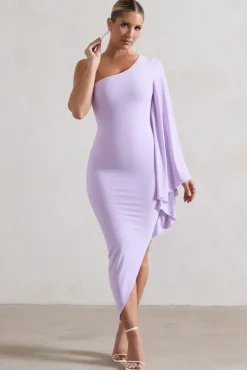 My Level | Lilac Asymmetric One Shoulder Cape Sleeve Midi Dress