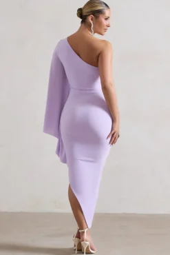 My Level | Lilac Asymmetric One Shoulder Cape Sleeve Midi Dress