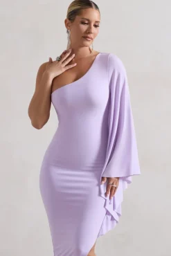 My Level | Lilac Asymmetric One Shoulder Cape Sleeve Midi Dress