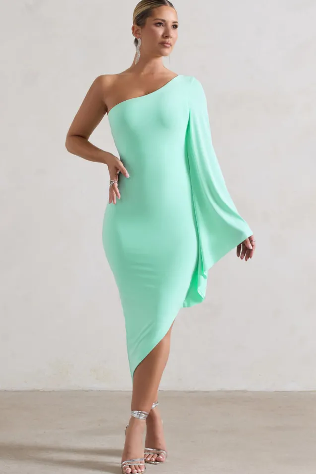 My Level | Mint Asymmetric Midi Dress With Cape Sleeve