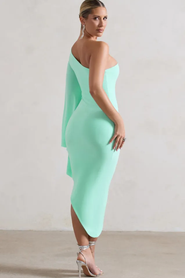 My Level | Mint Asymmetric Midi Dress With Cape Sleeve