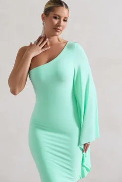 My Level | Mint Asymmetric Midi Dress With Cape Sleeve
