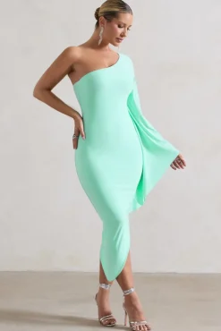 My Level | Mint Asymmetric Midi Dress With Cape Sleeve