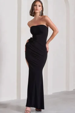 My Muse | Black Ruched Bandeau Split Maxi Dress With Flowers