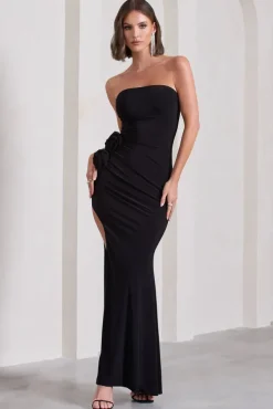 My Muse | Black Ruched Bandeau Split Maxi Dress With Flowers