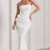 My Muse | White Ruched Bandeau Split Maxi Dress With Flowers
