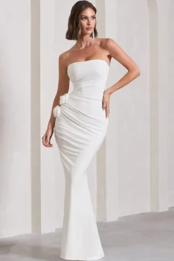 My Muse | White Ruched Bandeau Split Maxi Dress With Flowers