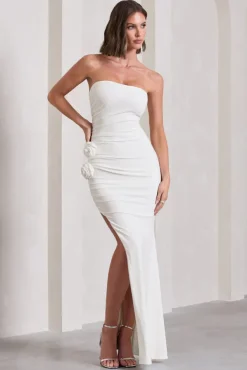 My Muse | White Ruched Bandeau Split Maxi Dress With Flowers