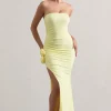 My Muse | Yellow Ruched Bandeau Split Maxi Dress With Flowers
