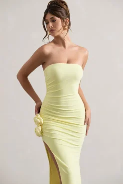 My Muse | Yellow Ruched Bandeau Split Maxi Dress With Flowers