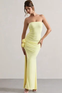 My Muse | Yellow Ruched Bandeau Split Maxi Dress With Flowers