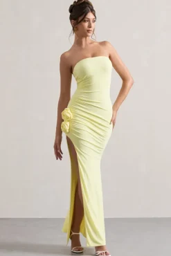 My Muse | Yellow Ruched Bandeau Split Maxi Dress With Flowers