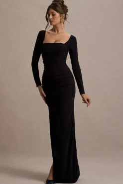 My Pleasure | Black Square Neck Ruched Maxi Dress